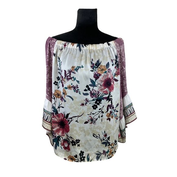White House Black Market Satin Floral Off The Shoulder Blouse Size L - Picture 5 of 10